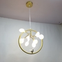 Đèn thả TH187C_09 bóng , thân vàng + 1 con chim + cây quay xuống  , G4 x 9 ,  lá thủy tinh đục , KT(mm) : D600